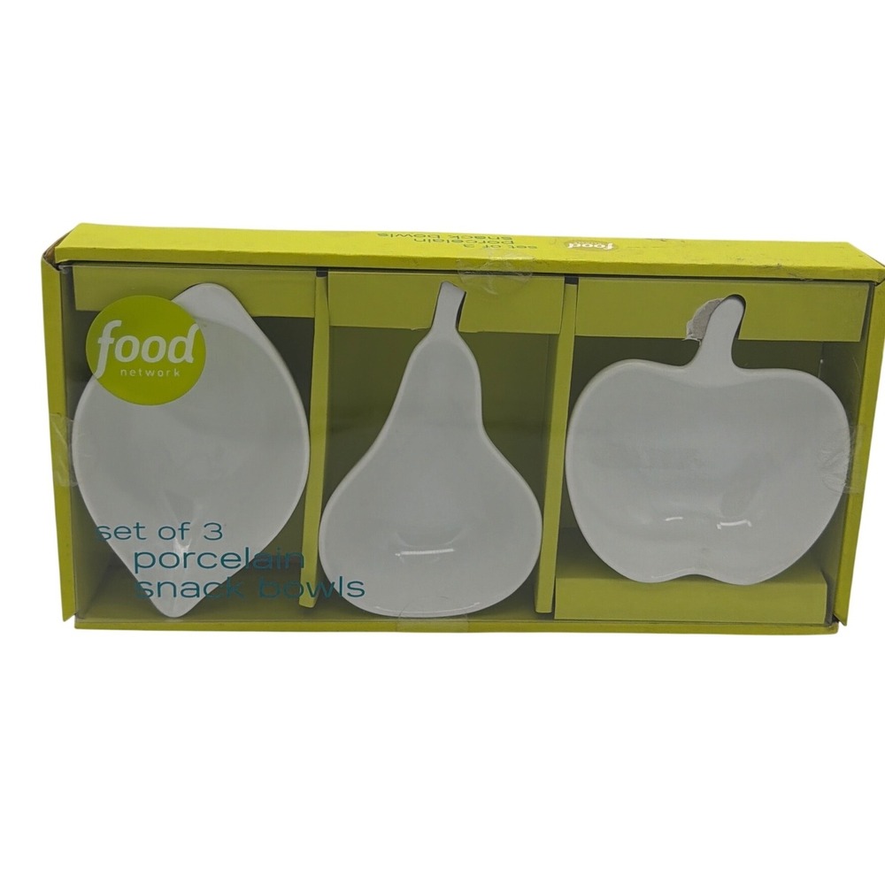 Food Network Set of 3 Porcelain Snack Bowls White Fruit Leaf Shaped New in Box